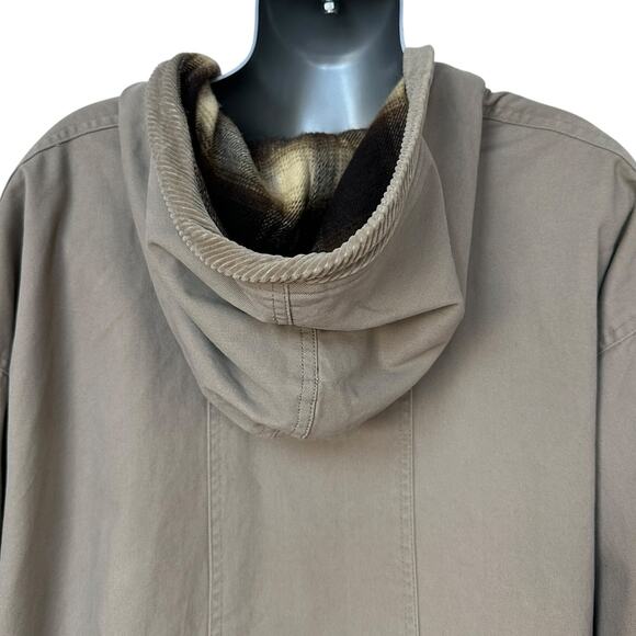Vintage Brandon Thomas Chore Coat Reversible Khaki Brown Plaid Hooded Mens Large - Picture 8 of 16